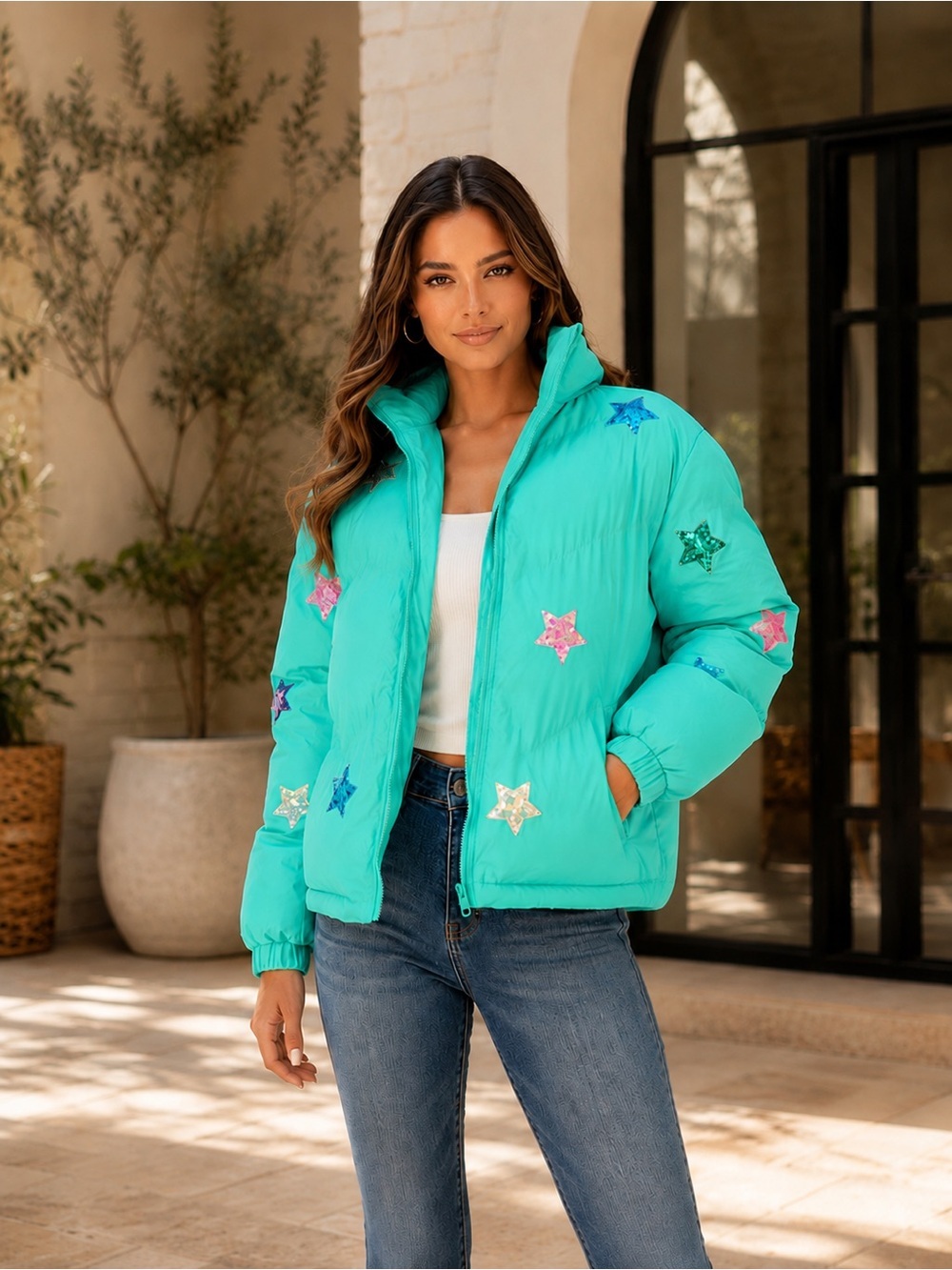 Turquoise Star Sequins Zip Up Puffer Jacket